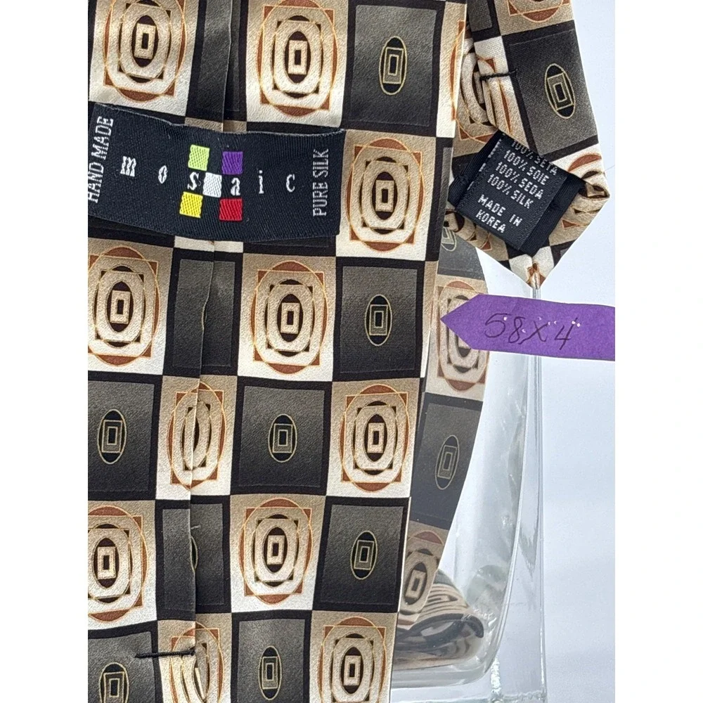 Mosaic Mens Silk Tie Grey Black Gold Geometric Checkerboard‎ Hand Made 58x4 Wide